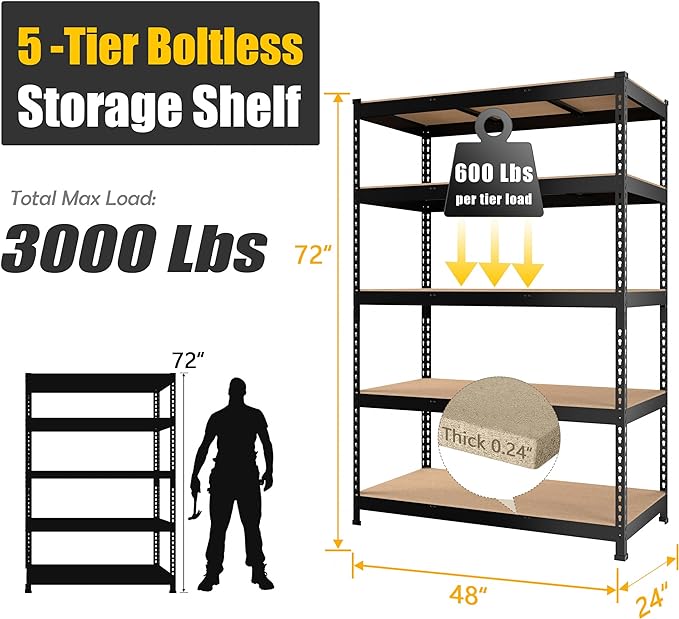 PrimeZone 2 Pack Storage Shelves 48" x 24" x 72" - 5 Tier Heavy Duty Adjustable Garage Storage Shelving, Metal Storage Utility Rack Shelf Unit for Warehouse Pantry Closet Kitchen, Black