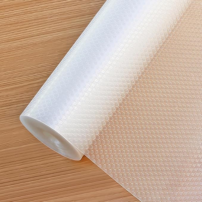 Shelf Liners Drawer Liner for Kitchen Cabinets Non-Adhesive Non Slip, Refrigerator Mats for Shelves, EVA Plastic Cupboard Protector, Waterproof Lining (Clear Flat Dot, 10 in x 20 ft)