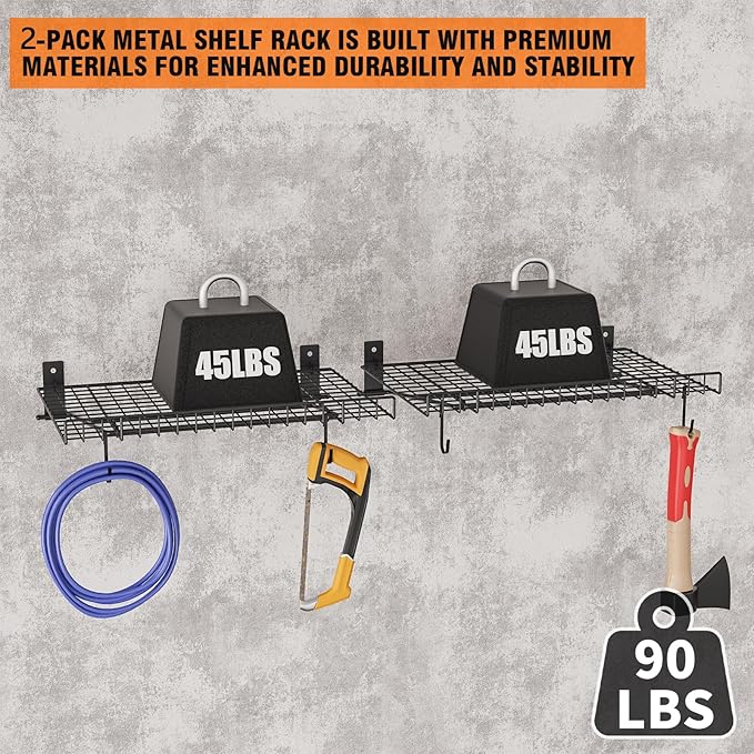 2 Pack Foldable Wall Shelf, Wall Mounted Garage Storage Shelves, Heavy Duty Wall Shelving Supports Up To 90 LBS. Floating Shelves With 4 Hooks Metal Storage Rack for Office, Kitchen and Laundry Room