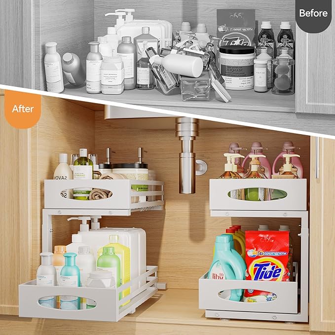 Under Sink Organizer, 2 Tier Under Sink Organizers and Storage, Adjustable Height, Slide Out Metal Cabinet Organizers, Pull Out Cabinet Storage Drawer Shelf for Kitchen Bathroom White, 1 Pack