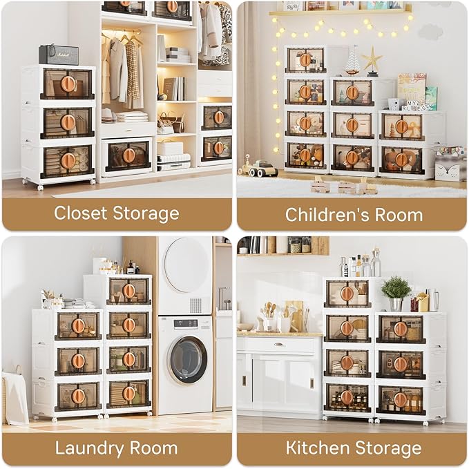 JEKO&JEKO 332Qt Lockable Stackable Storage Bins with Lids, Collapsible Closet Organizer with Wheels, Plastic Cabinet Drawer for Clothes, Dorm Room 4 Pack (White)