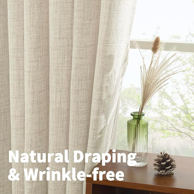 YoungsTex Boho Linen Curtains 63 Inch Length 2 Panels for Living Room - Cream Semi Sheer Window Drapes Light Filtering with Back Tab Rod Pocket Rustic for Country Bedroom, 52 X 63 Inch