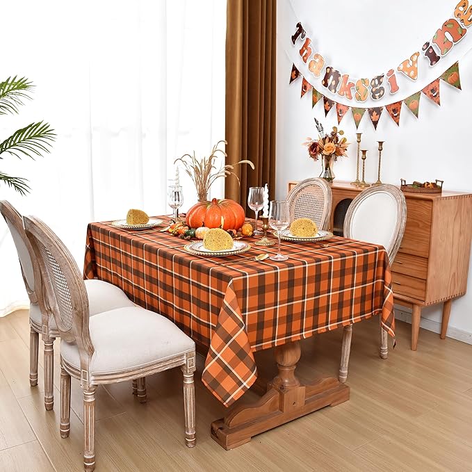 Waterproof Plaid Tablecloth Fabric - Square 58x58 Inch Classic Gingham Checker Thanksgiving Table Cloth for Indoor/Outdoor Use - Fall Tabletop Cover Perfect for Picnics, BBQs, Halloween