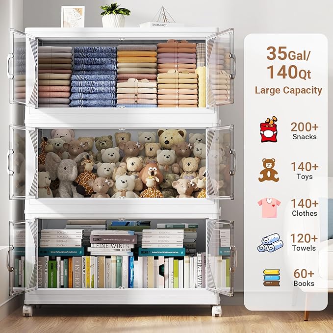 140Gal Plastic Stackable Storage Bins with Lid, 560QT Extra Large Closet Organizers Collapsible Cabinets Boxes with Drawers, Foldable Containers with 4X Wheels for Home Kitchen, V60 4Pack White