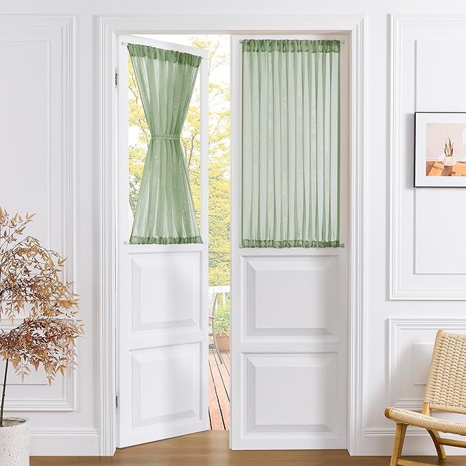 Tollpiz Short Sheer Door Curtain Closet Linen Textured Curtain Sheers Doorway Light Filtering Voile Patio Door Rod Pocket Curtains French Door, 54 x 54 inches Long, Sage Green, Set of 1 Panel