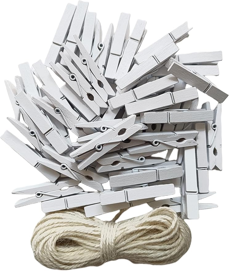 1.9 Inch White Small Clothes Pins Paper Picture School Work Holders Baby Shower Clothing Line Clips with Twine Pack 50