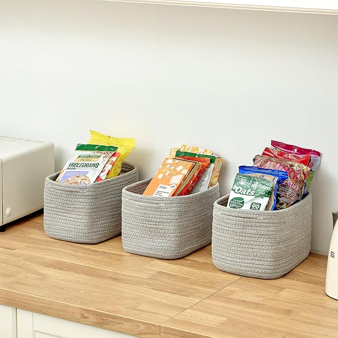 Small Cotton Rope Basket – Storage Bin for Organizing (10.6" x 6.7" x 6.7"), Bathroom Storage Basket for Shelf, Counter & Closet（Grey）