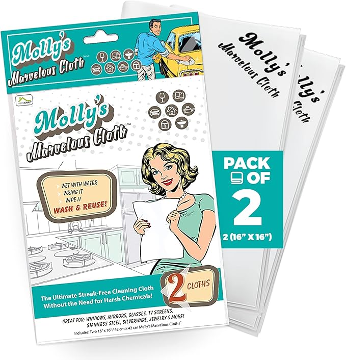 Molly's Marvelous Cloth, Streak-Free, Lint-Free Microfiber Cleaning Cloth, Polishing Cloth for Glass, Stainless Steel, Use for Kitchen, Bath, Cars, Detailing, Reusable(17" by 16") (2pk, White)