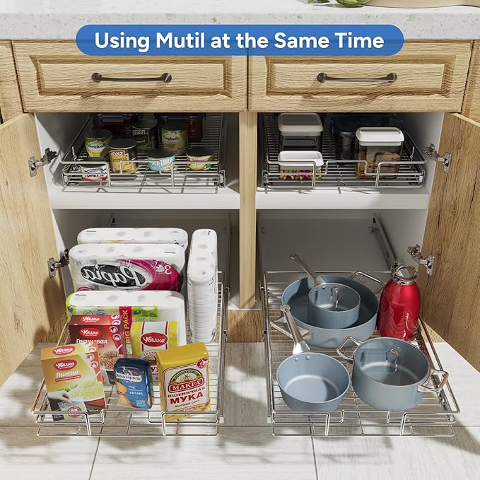 ROOMTEC Pull Out Cabinet Organizer, Cabinet Pull Out Shelves 25½" W x 21½" D, Heavy Duty Cabinet Drawers Slide Out Kitchen Cabinet Organizers Storage Shelf