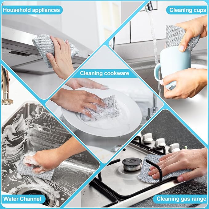 10 Pcs New Upgraded 3 Layers Non Scratch Wire Dishcloth, Multipurpose Wire Dishwashing Rags, Wet & Dry for Cookware, Sinks, Dishes, Stoves & Fireplaces 7.87“ x 7.87”