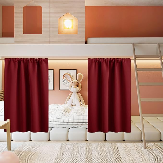 RYB HOME Small Curtains for Kitchen Window - Blackout Privacy Portable Curtain Set for Bedroom Office Bathroom Basement Garage Storage Enclosure RV Bunk, W 34 x L 30, Burgundy Red, 2 Pcs