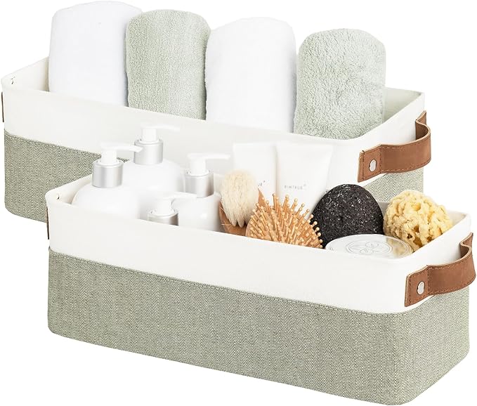 StorageWorks Narrow Storage Bins, Small Basket for Closet and Shelves, Fabric Organizer with Handles, Toilet Paper Storage, Green and White, 2-Pack