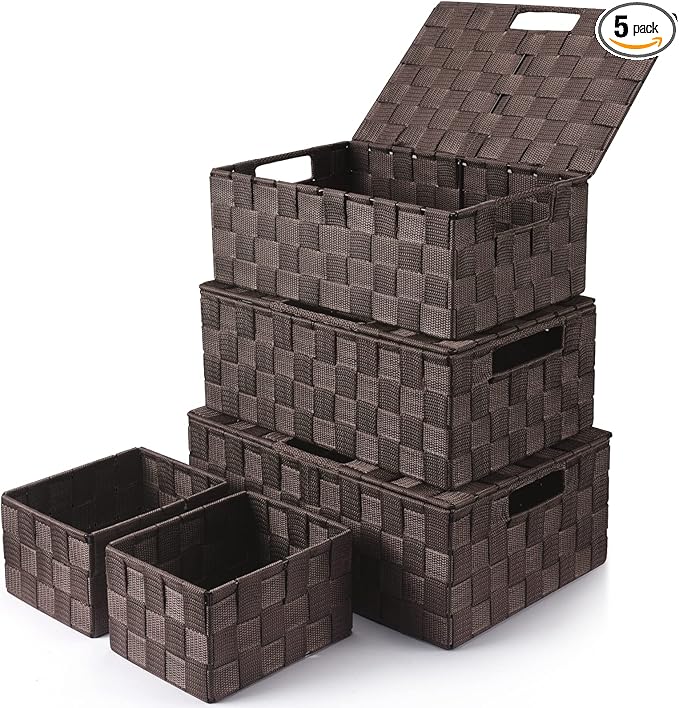 Storage Bins Baskets for Organizing with Lids, Storage Baskets for Shelves Stackable Woven Basket, Gift Small Basket Storage Cubes, Decorative Wicker Basket with Built-in Handles (5 Pack, Brown)