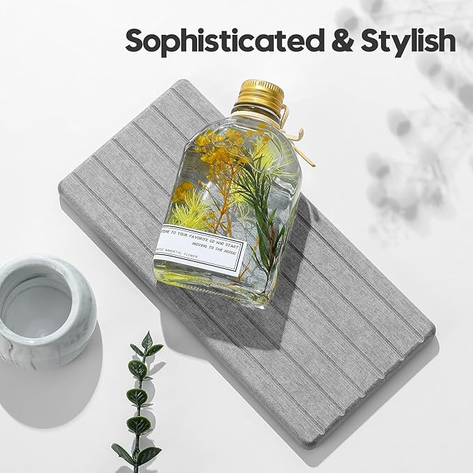 2PCS Instant Dry Diatomite Stone Counter Makeup Tray Organizer, Fast Drying Caddy Kitchen Sponge Holder Mat, Bathroom Vanity Toothbrush Bottle Dispenser Soap Dish Rack, Light Gray, 8"x 3.8"