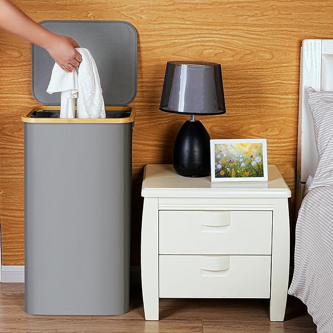 efluky Laundry Basket with Lid and Removable Bag, 100L Tall Laundry Hamper with Bamboo Handles, Aesthetic Dirty Clothes Bin for Laundry Room, Bathroom, Bedroom and Dorm, Silver Grey