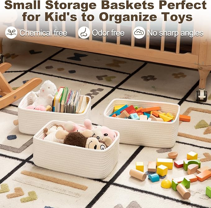 3 Pack Small Storage Baskets for Organizing, Cute Woven Decorative Gift Baskets for Shelves, Mini Closet Organizer Bins with Handles, 11.81''Lx7.87''Wx4.72''H-White