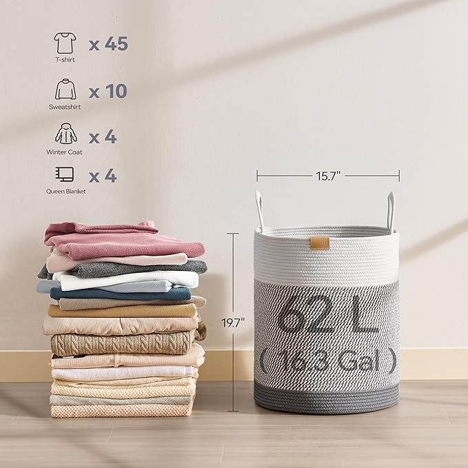 Laundry Hamper 62L,Large Laundry Basket for Clothes,Decorative Storage Basket for Blankets,Cotton Rope Woven basket for bedroom,Grey White