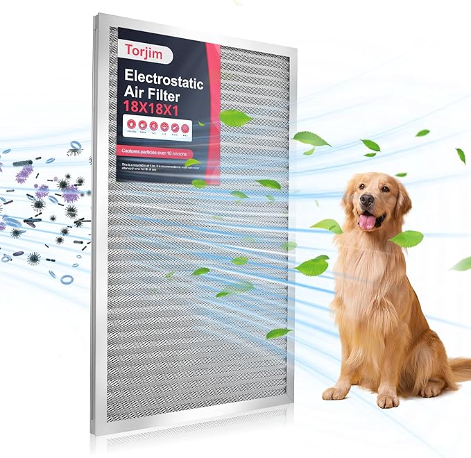 Torjim 18x18x1 MERV8 Washable Reusable Electrostatic Air Filter, AC/HVAC Furnace Filter, Permanent Filter, Breathe Fresher, Easy Install