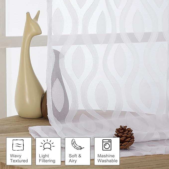 Aiyufeng White Sheer Curtains Tiers 36 Inch Length 2 Panels Set, Airy Lightweight Clip Jacquard Small Window Curtains, Modern Wavy Line Textured Voile Sheer Curtains for Small Windows, 40"Wx36"L Inch