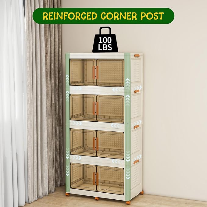 4 Tier Extra Large Stackable Storage Bins with 1 Lid 205 QT/Tier, Collapsible Plastic Box Storage Bin with Wheels, Home Containers Boxes Closet Organizers for Living Room, Office, Dorm
