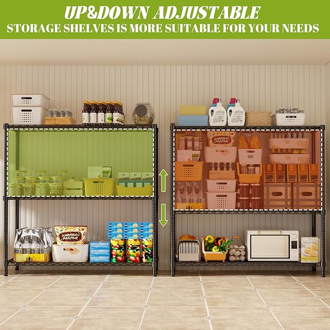 Storage Shelves, 2 PCS 48" L x 20" W x 47" H Heavy Duty Garage Wire Shelving Unit Loads 1200LBS, 3-Tier Adjustable Metal Industrial Utility Shelf Rack for Kitchen, Laundry Room, Basement