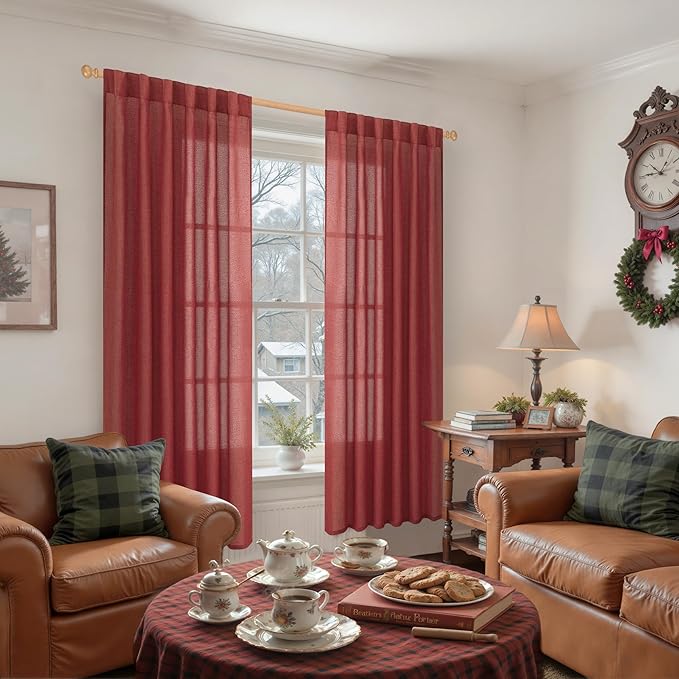 YoungsTex Red Linen Semi Sheer Curtains 72 Inch Length for Living Room - Light Filtering Drapes with Back Tab Rod Pocket Privacy for Bedroom Christmas Decor, 2 Panels, 52 X 72 Inch