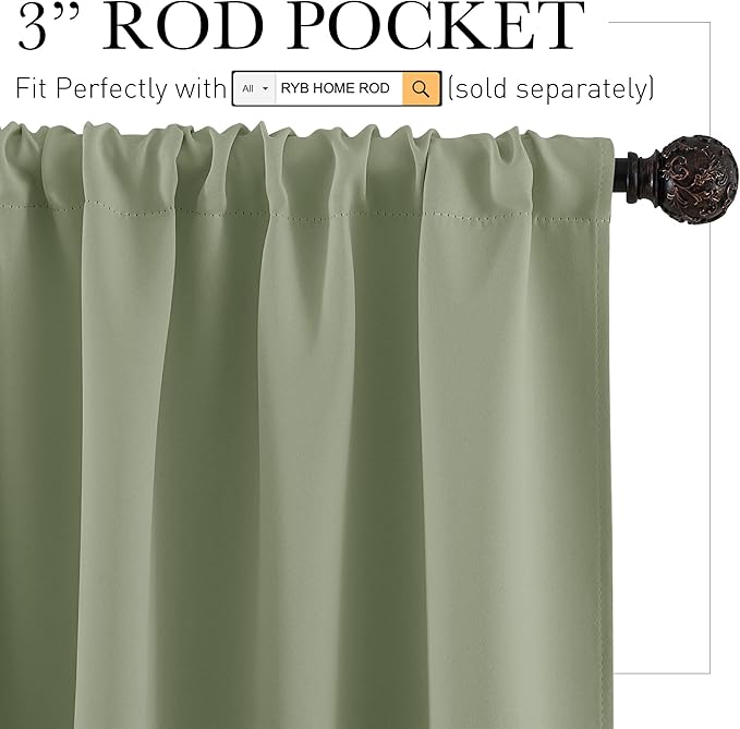 RYB HOME Small Curtains for Bathroom Window, Heavy Duty Thick Privacy Panels Blackout Energy Smart Curtains Drapes for Kitchen Cabinet, Wide 42 x Long 54 inch, 2 Panel Set, Sage Green