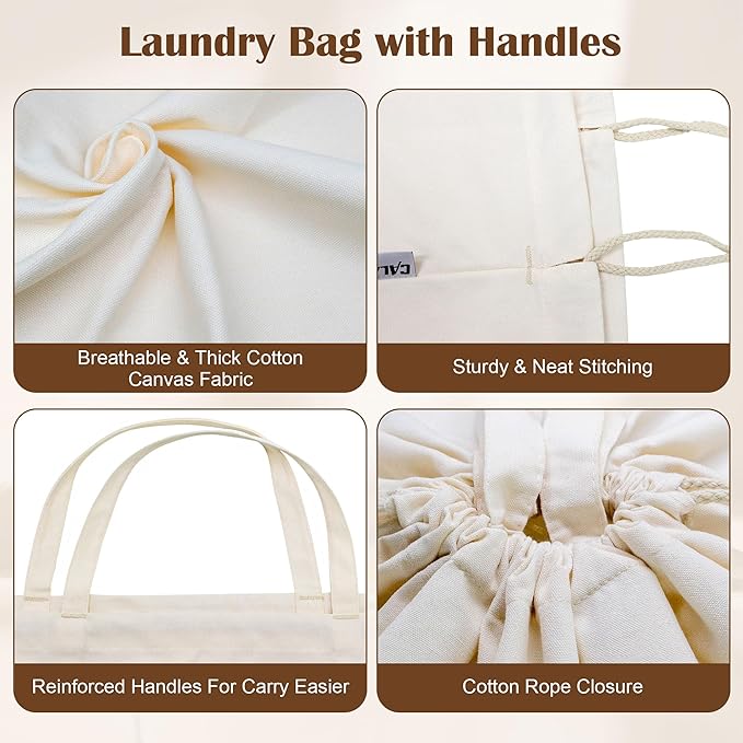 Canvas Laundry Bag 33"x 35", Thick Cotton Laundry Bag with Handles & Drawstring, Extra Large Heavy Duty Washable Basket Liner Hamper Liner Canvas Storage Sack (Beige XL, 1 Pack)