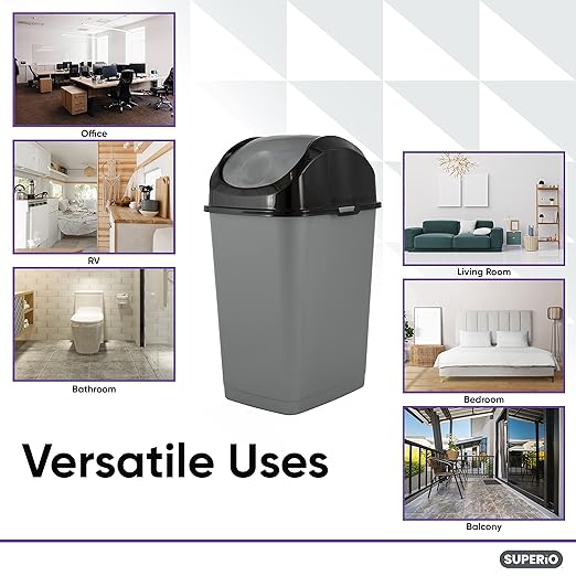 Superio Small 2.5 Gallon Plastic Trash Can with Swing Top Lid, Compact Slim Waste Bin for Under Desk, Office, Bedroom, Bathroom, Dorm Room, 10 Qt. Portable Garbage Can (Grey/Black)
