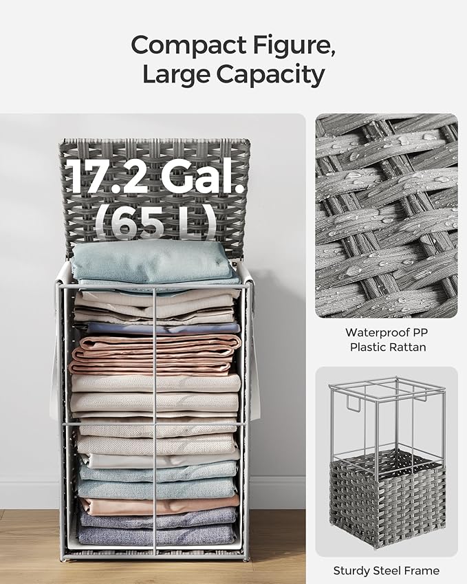 SONGMICS Laundry Hamper with Lid, 17.2 Gallon (65 L) Synthetic Rattan Clothes Laundry Basket with Lid and Handles, Foldable, Removable Liner, Dove Gray ULCB165G01