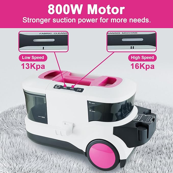 WECLEAN Carpet Cleaner Machine and Stain Remover for Deep Cleaning Upholstery for Carpets Rugs and Fabric Seats,800W 18Kpa，3L Clean Tank and 1.5L Dity Tank, Pink