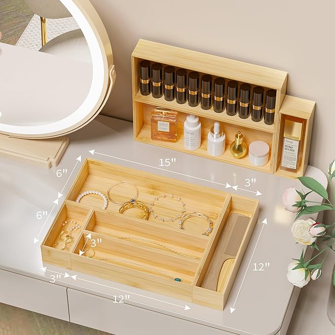 Kitchen Drawer Organizer Bins, Stackable Bamboo Deep Drawer Organizer for Silverware, Utensils, Cutlery, Flatware, Junk Drawer, Dresser, Bathroom, 9" x 3" x 2.5" (Set of 2)