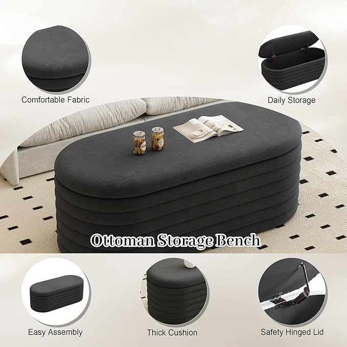 Storage Ottoman Bench, 40" Storage Bench, Upholstered Fabric Storages Benches End of Bed Stool with Safety Hinge, Shoe Storages Benches for Bedroom, Living Room, Entryway, Closet, Black
