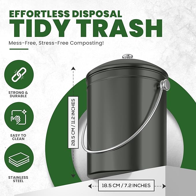 Utopia Kitchen Compost Bin for Kitchen Countertop, 1.3 Gallon Compost Bucket for Kitchen with Lid, Includes 1 Spare Charcoal Filter (Grey)
