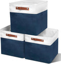 13in Open Fabric Storage Basket with Leather Handles for Organizing, Collapsible Linen Closet Bins for Shelves, Closets, Laundry, Decorative Basket for Gifts. (White＆Blue, 3PCS/13x13in)
