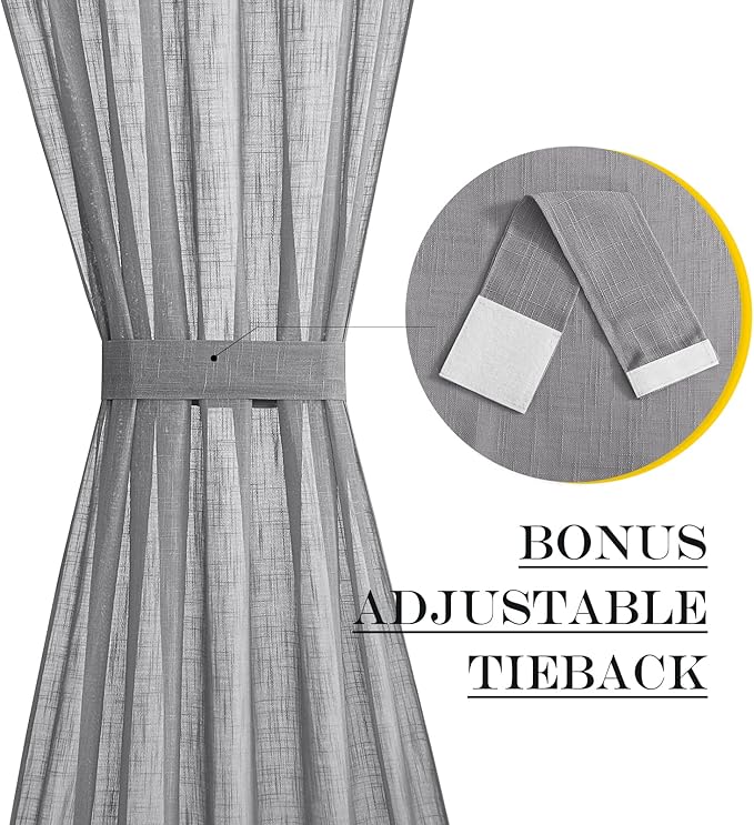 NICETOWN Sheer French Door Panel - 72 inches Linen Textured Voile Room Darkening Patio French Door Curtain with Tie Backs for Sliding Glass (Dark Grey, 1 Panel, 52 inches Width)