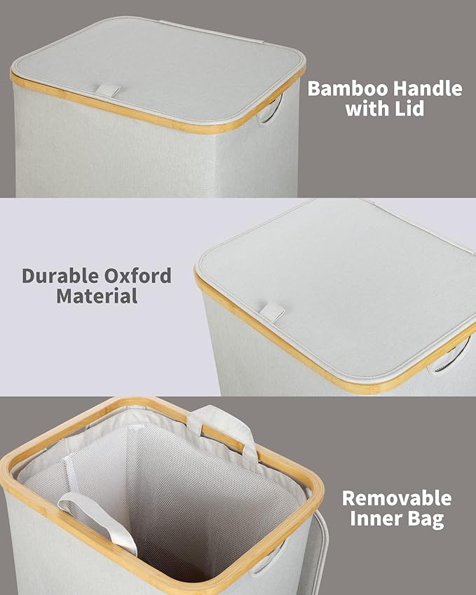 efluky Laundry Basket with Lid and Removable Bag, 100L Tall Laundry Hamper with Bamboo Handles, Aesthetic Dirty Clothes Bin for Laundry Room, Bathroom, Bedroom and Dorm, Light Grey