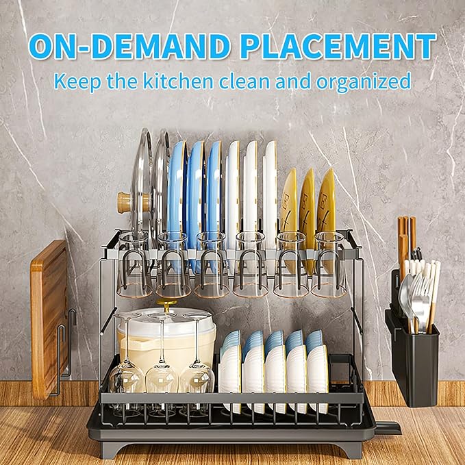 Dishes Drying Rack, 2-Tier Tableware Drying Rack with Draining Board, Space-Saving Design, Suitable for Kitchen Countertop Tableware and Cup Rack