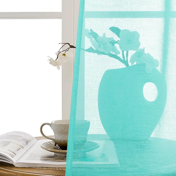 Tollpiz Sheer Door Curtain Closet Linen Textured Curtains Sheer Doorway Light Filtering Voile Patio Door Rod Pocket Curtain French Door, 54 x 72 inches Long, Aqua Blue, Set of 1 Panel