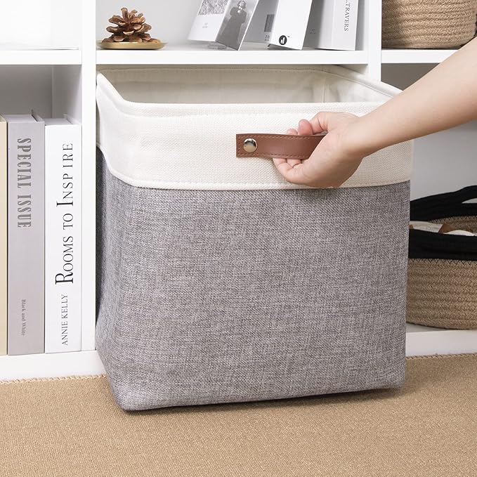 DULLEMELO Cube Basket for Storage, Collapsible Fabric Cube for Organizing, Storage Cube for Closet, Laundry, Nursery, Shelves, Decorative Basket for Gifts Empty (White&Gray)