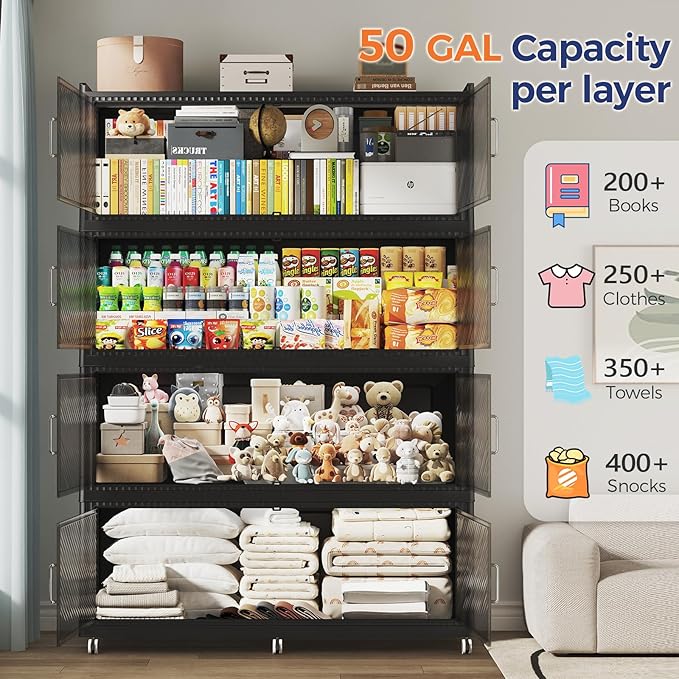 200GAL Extra Large Storage Bins with Lid, 800QT Collapsible Organizer with Wheels, Stackable Closet Cabinet with Doors, Folding Storage Containers for Home, Office, Dorm, 4Pack Black