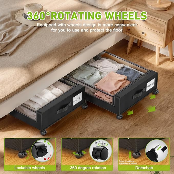 Under Bed Storage with Wheels, 4-Pack Under the Bed Storage Containers with Clear Lids & Label, Underbed Storage Bins, XXL 60L Rolling Metal Drawer for Clothes, Shoes, Toys, Books - Black