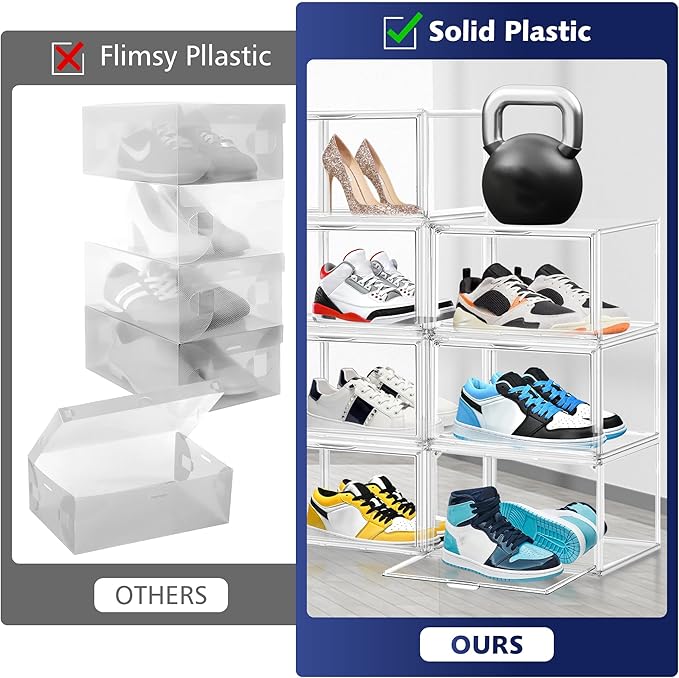 12 Pack Shoe Organizer Clear Plastic Stackable Shoe Storage Boxes with Magnetic Lid Acrylic Display Case Shoe Sneaker Rack for Closet,Fit up to US Size 12