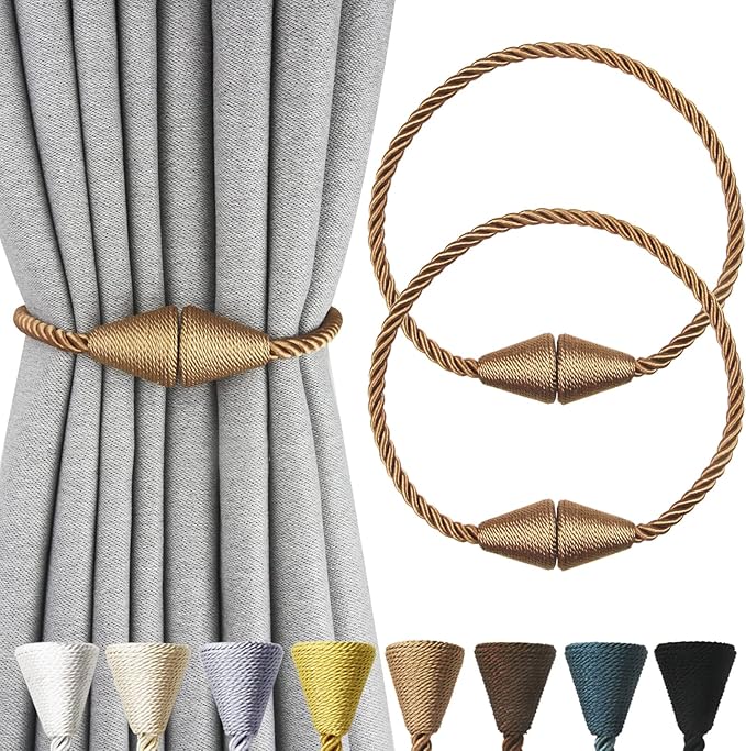 2 Pack Magnetic Curtain Tiebacks Rope Modern Handmade Curtain Tie Backs Decorative Drapes Weave Holdbacks for Window Décor, Khaki