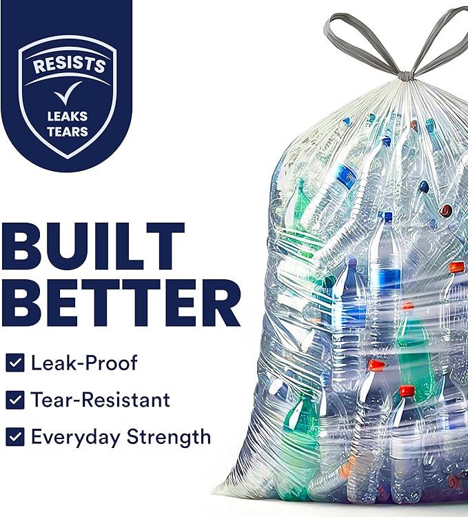 Plasticplace 32-33 Gallon Recycling Bags │ 0.9 Mil │ Clear Drawstring Garbage Can Liners │ 33" x 38" (100 Count)