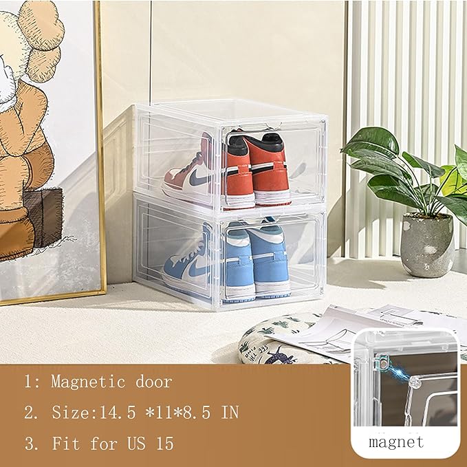 XXL Large Shoe Storage Box, 8 Pack Shoe Boxes Clear Plastic Stackable Fit US 15,Clear Shoe Organizer with Magnetic Door(8 PACK CLEAR)