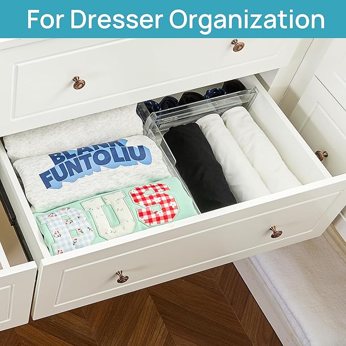 Vtopmart 12 Pack Drawer Dividers for Clothes, 4" High 10.2"-16.6" Adjustable Expandable Dresser Drawer Organizer, Clear Plastic Separators for Dresser, Baby Clothing, Underwear, Cosmetic, Toiletries