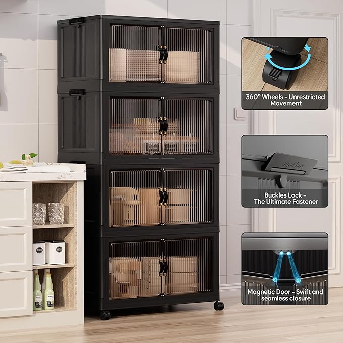Jalove 120Gal Large Storage Bins with lids, 480QT Plastic Stackable Containers with Wheels, Collapsible Closet Organizer and Storage Drawers,Clothes Organization for Cabinet Home, 4Pack Black