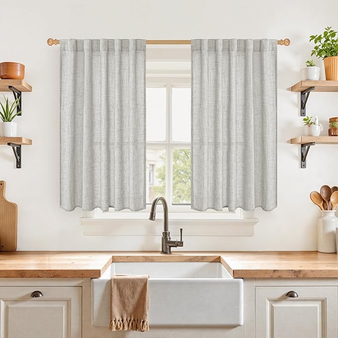 YoungsTex Light Grey Linen Curtains 40 Inches Long for Kitchen Cafe Window, Short Length Semi Sheer Drapes Back Tab Rod Pocket Light Filtering for Bathroom Bedroom, 2 Panels, 42 X 40 Inch