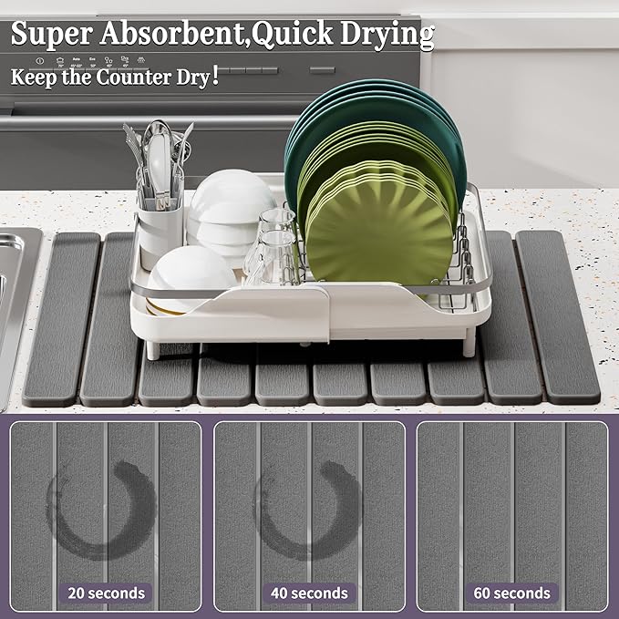 Large Stone Dish Drying Mats for Kitchen Counter – Foldable Quick Dry Stone Mat with Non-Slip Pad & Sandpaper, Super Absorbent Diatomaceous Earth Mat for Dishes and Cups(Dark Gray 23.5"x15.5")